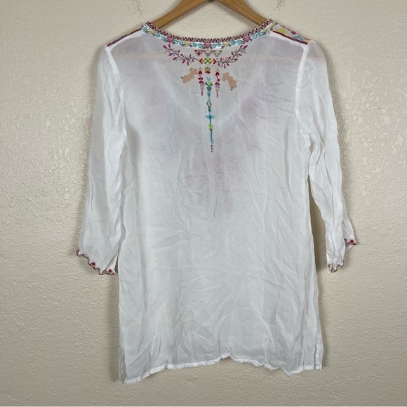 Johnny Was Floral Embroidered Tunic Blouse White Boho Peasant Cottagecore Sheer - Picture 5 of 12